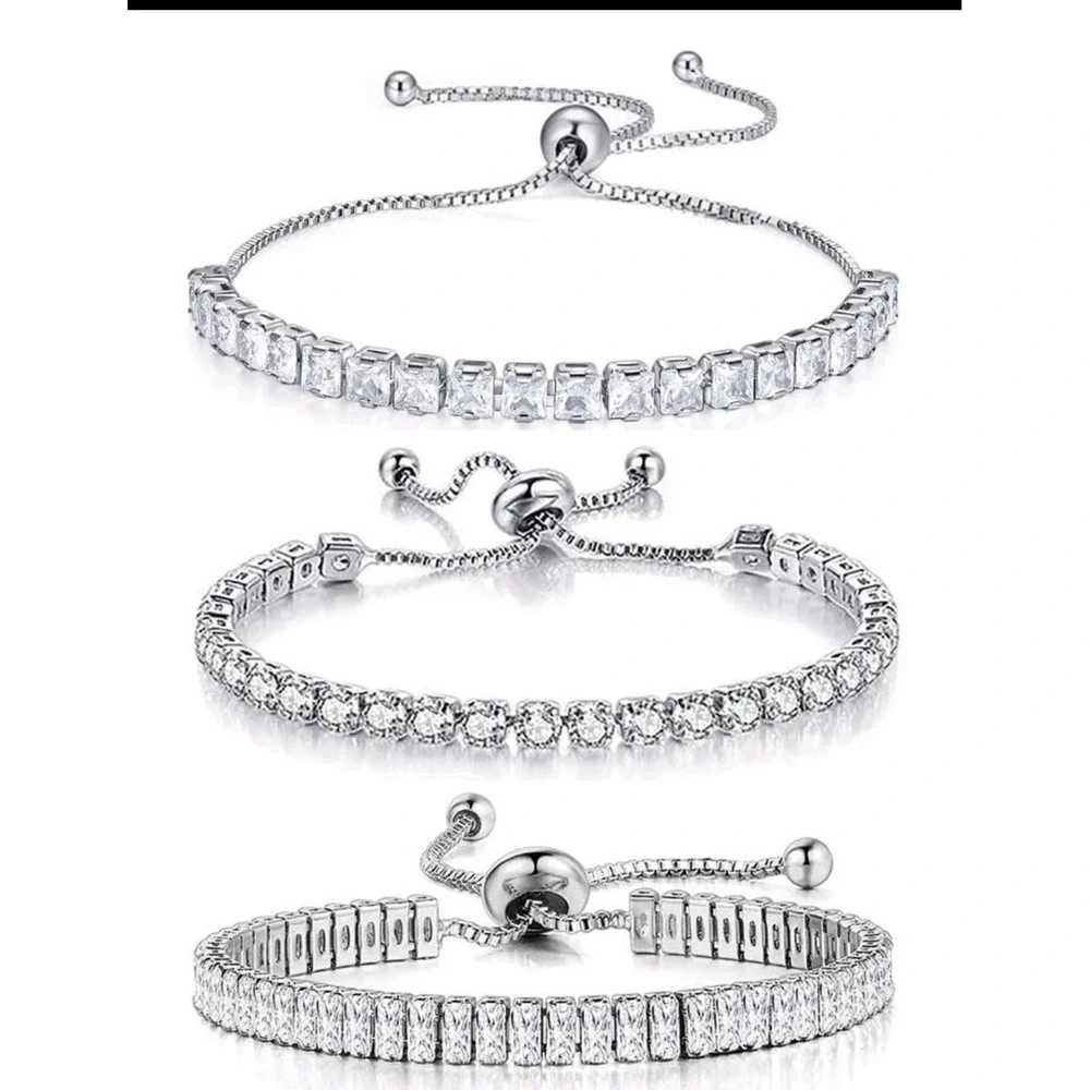 Cubic Zirconia Bracelet Adjustable Tennis Bracelet‎ Silver Plated Jewelry